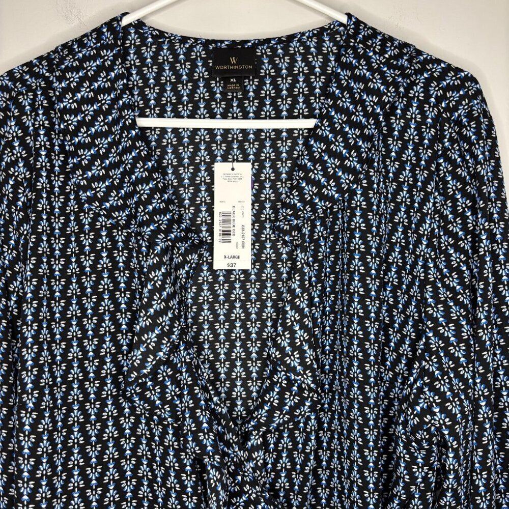 WORTHINGTON NEW Wrap Blouse XL 3/4 Sleeve V-Neck Black Blue White Ruffle XL